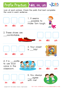 DIS, IM, UM Worksheet: Prefix Practice Worksheet Printable PDF for Kids